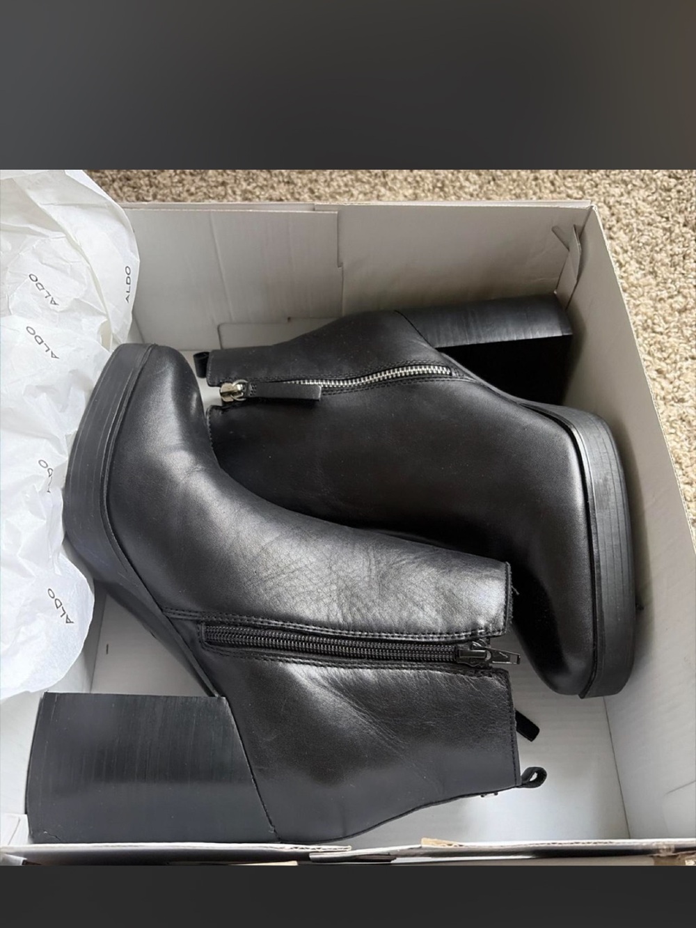 Aldo Black Leather Block Heel Ankle Booties with Side Zips